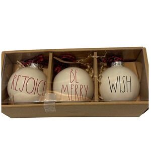 Rae Dunn Christmas Ornaments Set of 3 Rejoice Be Merry Wish Buffalo Plaid Ribbon